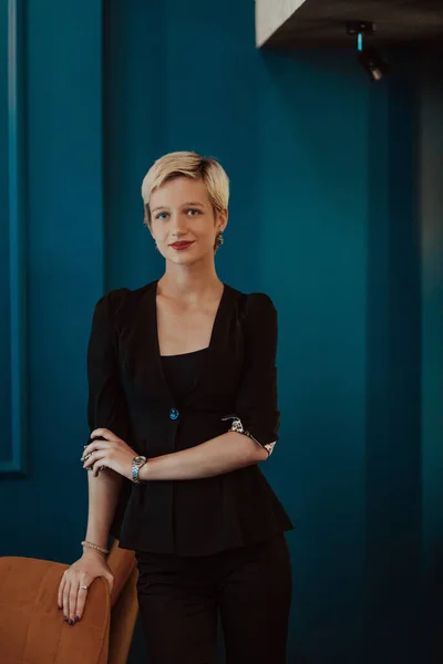 Pretty Business Woman Successful Confidence Modern Blue Mat Background Selective —  Fotos de Stock