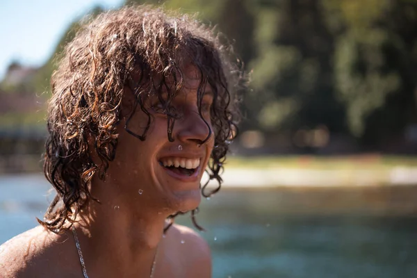 Portrait Young Teen Boy Curly Wet Hair River Having Fun — Zdjęcie stockowe