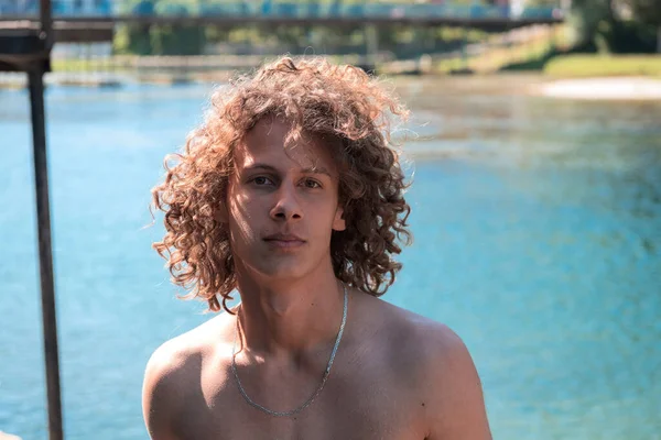 Portrait Young Teen Boy Curly Wet Hair River Having Fun — Stock Fotó