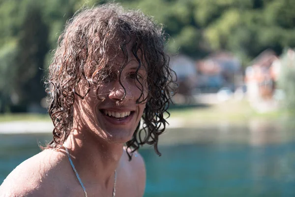 Portrait Young Teen Boy Curly Wet Hair River Having Fun — Stockfoto