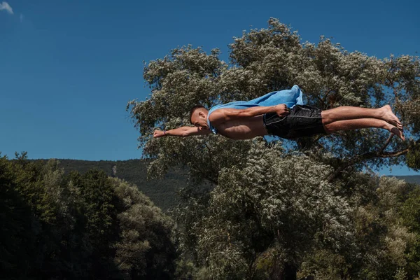 Young Teen Boy Wearing Towel Superhero Scarf Flying Diving River — Foto Stock