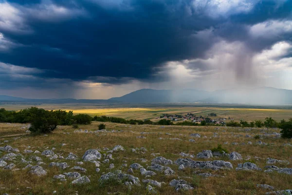 Panoramic View Idyllic Mountain Scenery Fresh Green Meadows Bloom Beautiful — 스톡 사진