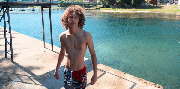 Portrait Young Teen Boy Curly Wet Hair River Having Fun —  Fotos de Stock