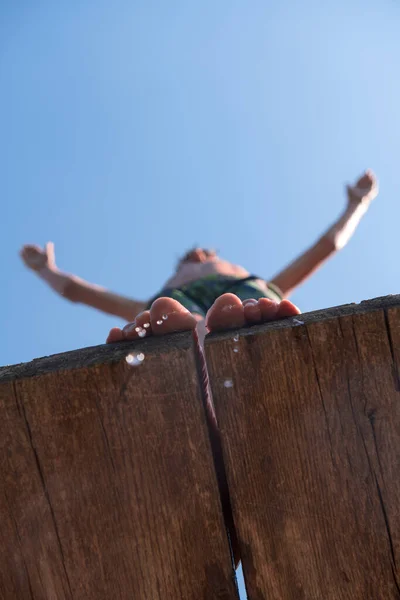 Young Teen Boy Ready Jump River Summer Sunny Day Vacation — ストック写真