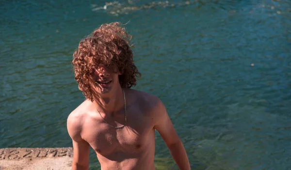 Portrait Young Teen Boy Curly Wet Hair River Having Fun — Stock fotografie