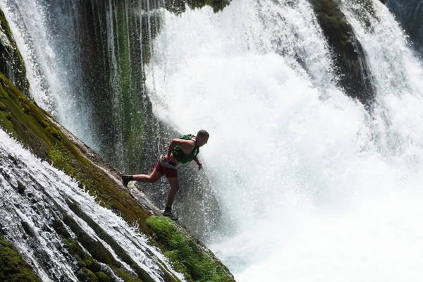 Waterfall Extreme Brave Man Superhero Running Jump Dive Rock Wild — Stock Photo, Image