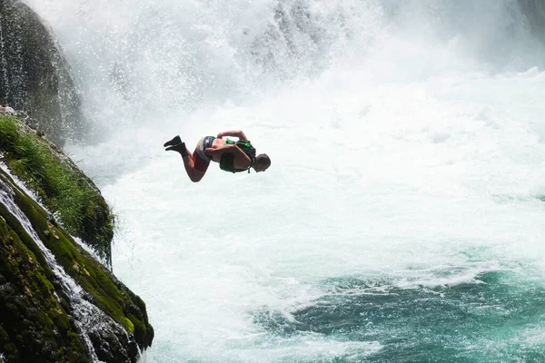 Waterfall Extreme Brave Man Superhero Running Jump Dive Rock Wild — Stockfoto