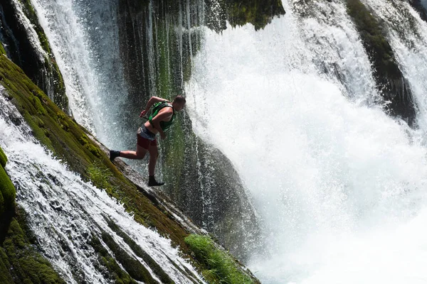 Waterfall Extreme Brave Man Superhero Running Jump Dive Rock Wild — Stockfoto