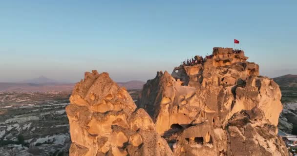 Aerial View Natural Rock Formations Sunset Valley Cave Houses Cappadocia — Stockvideo