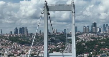 Istanbul Bosphorus Bridge and City Skyline in Background with Turkish Flag at Beautiful Sunset, Aerial slide orbiting and tracking shot. High quality cinematic 4k footage