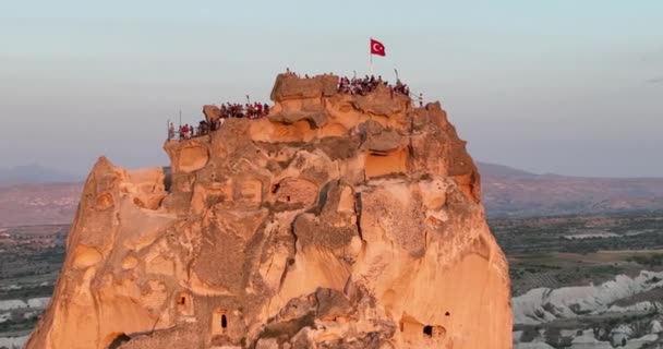 Aerial View Natural Rock Formations Sunset Valley Cave Houses Cappadocia — Stockvideo