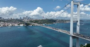 Istanbul Bosphorus Bridge and City Skyline in Background with Turkish Flag at Beautiful Sunset, Aerial slide orbiting and tracking shot. High quality cinematic 4k footage