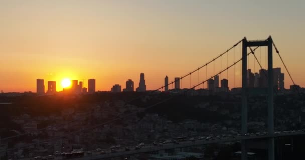 Istanbul Bosphorus Bridge City Skyline Background Turkish Flag Beautiful Sunset — Stock Video