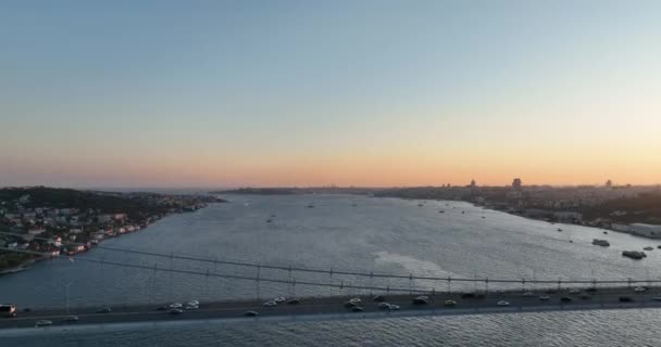 Istanbul Bosphorus Bridge City Skyline Background Turkish Flag Beautiful Sunset — Stock Video