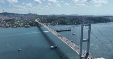 Ortakoy Mosque and Istanbul Bosphorus Bridge Landscape At Sunrise - aerial cinematic drone shot. High quality 4k footage