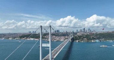 Istanbul Bosphorus Bridge and City Skyline in Background with Turkish Flag at Beautiful Sunset, Aerial slide orbiting and tracking shot. High quality cinematic 4k footage
