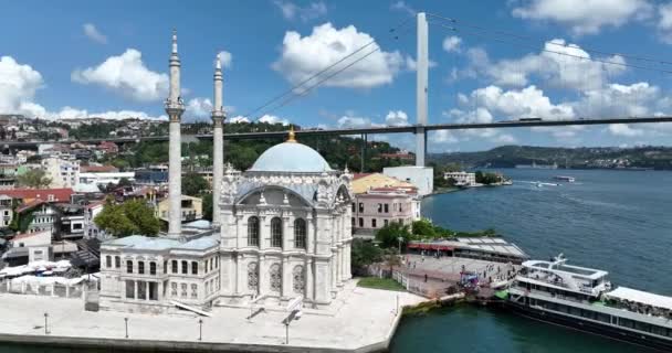 Ortakoy Mosque Istanbul Bosphorus Bridge Landscape Sunrise Aerial Cinematic Drone — Stockvideo