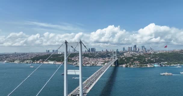 Istanbul Bosphorus Bridge City Skyline Background Turkish Flag Beautiful Sunset — Vídeos de Stock