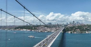 Istanbul Bosphorus Bridge and City Skyline in Background with Turkish Flag at Beautiful Sunset, Aerial slide orbiting and tracking shot. High quality cinematic 4k footage