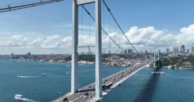 Istanbul Bosphorus Bridge and City Skyline in Background with Turkish Flag at Beautiful Sunset, Aerial slide orbiting and tracking shot. High quality cinematic 4k footage