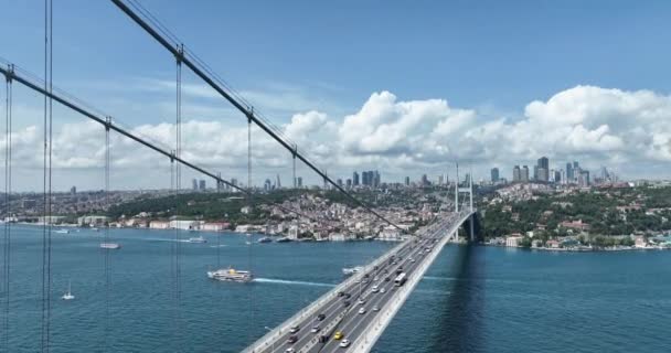 Istanbul Bosphorus Bridge City Skyline Background Turkish Flag Beautiful Sunset — Video