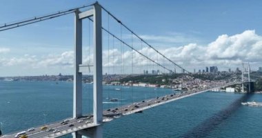 Istanbul Bosphorus Bridge and City Skyline in Background with Turkish Flag at Beautiful Sunset, Aerial slide orbiting and tracking shot. High quality cinematic 4k footage