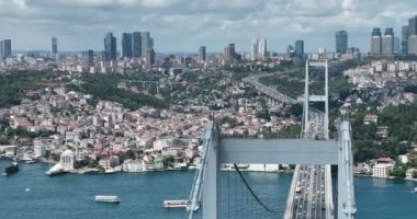 Istanbul Bosphorus Bridge and City Skyline in Background with Turkish Flag at Beautiful Sunset, Aerial slide orbiting and tracking shot. High quality cinematic 4k footage