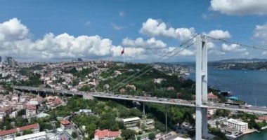 Istanbul Bosphorus Bridge and City Skyline in Background with Turkish Flag at Beautiful Sunset, Aerial slide orbiting and tracking shot. High quality cinematic 4k footage