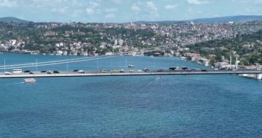 Istanbul Bosphorus Bridge and City Skyline in Background with Turkish Flag at Beautiful Sunset, Aerial slide orbiting and tracking shot. High quality cinematic 4k footage