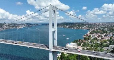 Istanbul Bosphorus Bridge and City Skyline in Background with Turkish Flag at Beautiful Sunset, Aerial slide orbiting and tracking shot. High quality cinematic 4k footage