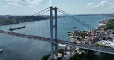 Istanbul Bosphorus Bridge and City Skyline in Background with Turkish Flag at Beautiful Sunset, Aerial slide orbiting and tracking shot. High quality cinematic 4k footage