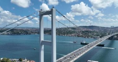 Ortakoy Mosque and Istanbul Bosphorus Bridge Landscape At Sunrise - aerial cinematic drone shot. High quality 4k footage