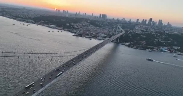 Istanbul Bosphorus Bridge City Skyline Background Turkish Flag Beautiful Sunset — Stock videók