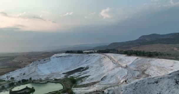 Pamukkale Travertines Cinematic Aerial Drone Footage Turkish Famous White Thermal — Vídeos de Stock