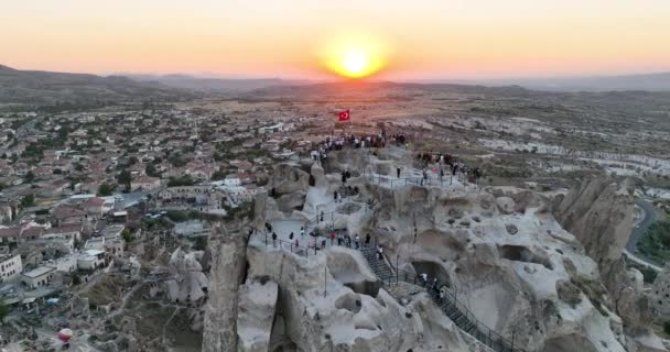 Aerial View Natural Rock Formations Sunset Valley Cave Houses Cappadocia — Stockvideo