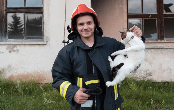 Close-up portrait of heroic fireman in protective suit and red helmet holds saved cat in his arms. Firefighter in fire fighting operation. High quality photo
