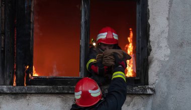 İtfaiyeci kahraman yangından sonra bebeğini yanan binadan dışarı taşıyor. İnsanları tehlikeli bir yerden kurtarmak. Takım çalışması Yüksek kalite fotoğraf