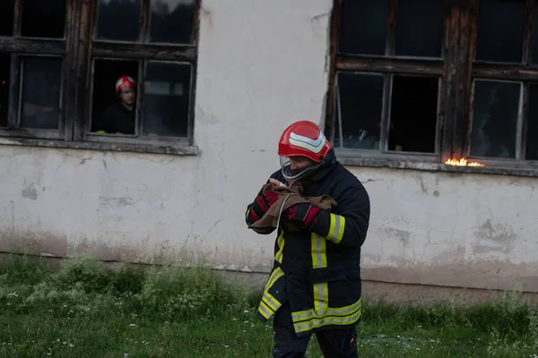 İtfaiyeci kahraman yangından sonra bebeğini yanan binadan dışarı taşıyor. İnsanları tehlikeli bir yerden kurtarmak. Takım çalışması Yüksek kalite fotoğraf