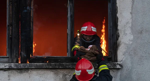 Héroe Bombero Llevando Niña Fuera Zona Del Edificio Llamas Por —  Fotos de Stock