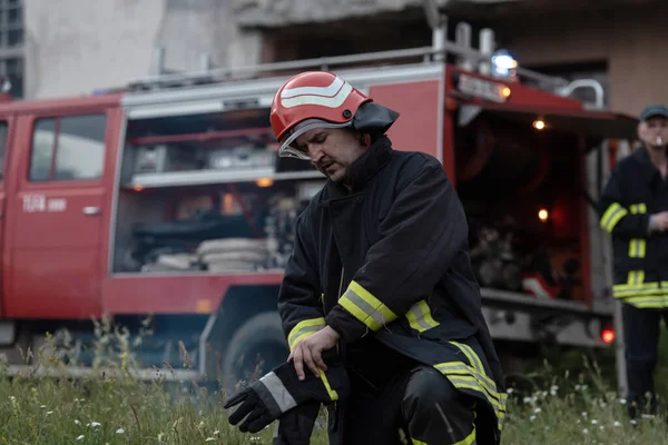 Portrait Handsome Depressed Tired Firefighter Fire Truck High Quality Photo — Stock Photo, Image
