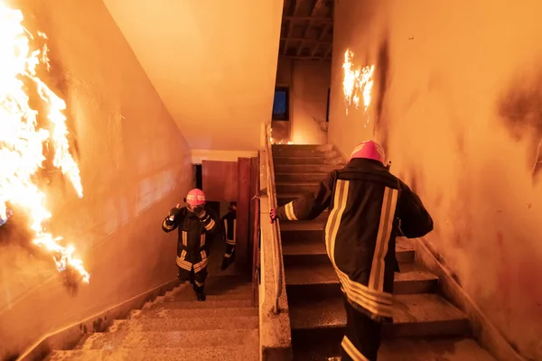 Хоробрий Пожежник Йде Нагору Щоб Врятувати Людей Палаючому Будинку Відкрийте — стокове фото