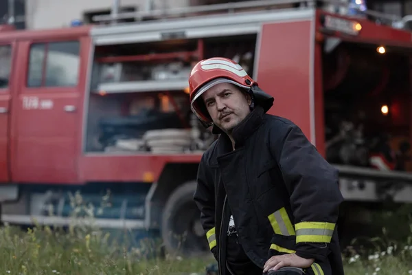 Portrait Handsome Depressed Tired Firefighter Fire Truck High Quality Photo — Stock Photo, Image