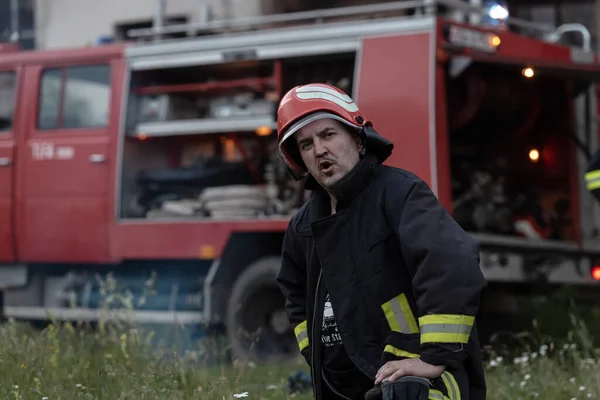 Portrait Handsome Depressed Tired Firefighter Fire Truck High Quality Photo — Stock Photo, Image