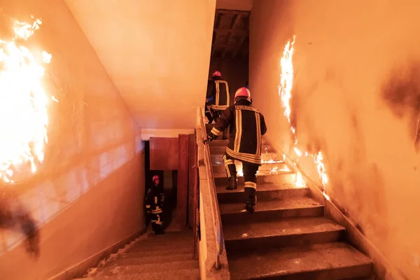 Bravo Bombero Desciende Por Las Escaleras Edificio Llamas Sostiene Una —  Fotos de Stock