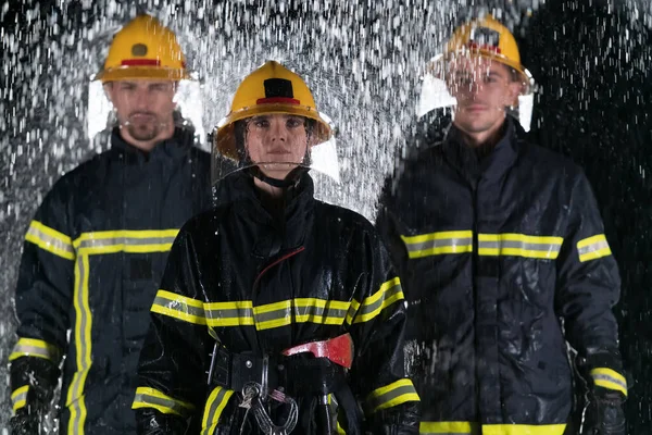 Portrait Group Firefighters Standing Walking Brave Optimistic Female Team Leader — Stock Photo, Image