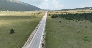 Yazın güneşli bir günde güzel yeşil tarlalarda yol manzarası. Yolunda arabalar olan renkli bir manzara. Üst görünüm, otobanın insansız hava aracından sinematik çekim kurulmasını sağlıyor. 