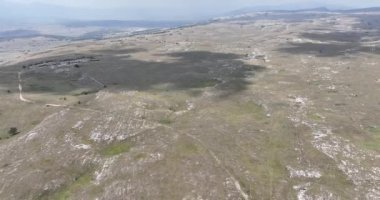 Kırsal kesimde bulutlu bir günde yumuşak sisle kaplı çayırların hava görüntüleri. Hava manzaralı samimi kırsal görüş HI kalitesinde sinematik hava çekimi.