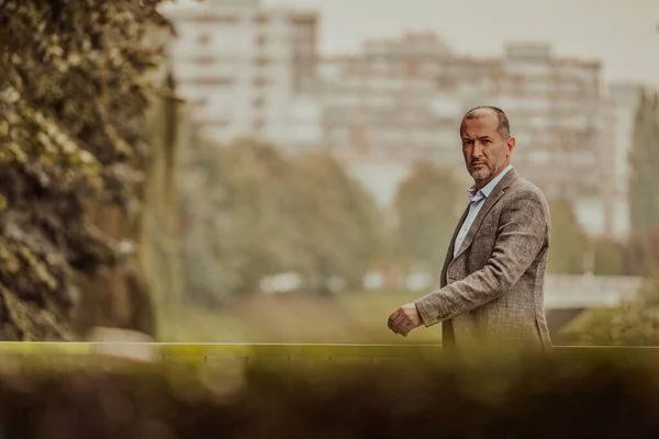 Hombre Negocios Enfocado Traje Caminando Por Parque Foto Alta Calidad —  Fotos de Stock