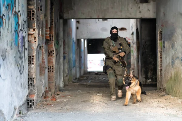Çağdaş Savaş Askerleri Nin Savaş Alanında Çalışan Bir Köpeği Var — Stok fotoğraf