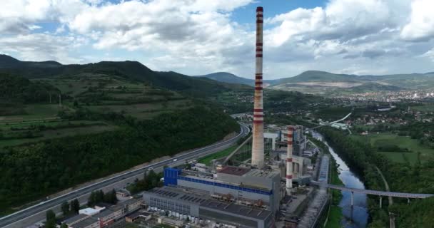 Aerial Drone Shot Coal Power Plant Two High Cooling Towers — Vídeos de Stock